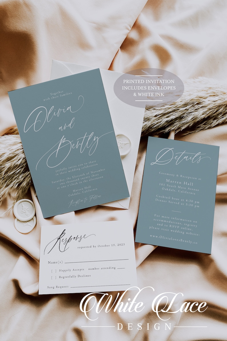 May include: Wedding invitation suite featuring a dusty blue color scheme. Includes invitation, details, and response cards with elegant script. The text "Olivia and Bently" is prominently displayed. The suite includes envelopes and white ink.