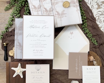 Taupe Brown Palm Tree Wedding Invitation Suite | Vellum Jacket, RSVP & Details Card, Assorted Colors