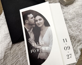 PRINTED Trifold Wedding Invitation with Online RSVP | Modern Folded Black and White Details Section & A7 Envelope | Minimalist Wedding Suite