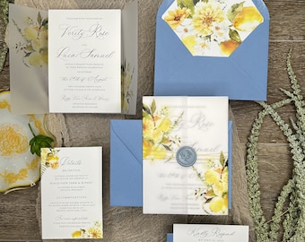 Lemon Italian Vellum Jacket wedding invitation suite, Romantic Mediterranean, Yellow and Blue Italy inspired w gold wrap Verity Collection