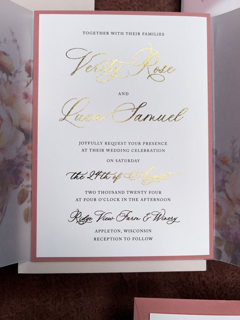 Vellum Jacket wedding invitation suite, Gold Foil wedding, Dusty Rose Mauve Modern, Whimsical Terracotta Romantic WildFlower, Verity PRINTED image 7