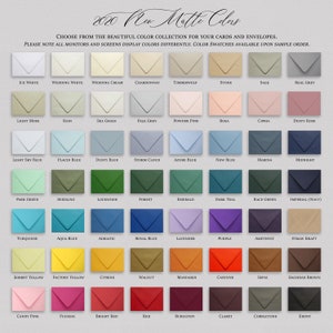 May include: A color chart showing 48 different colors of cardstock for envelopes. The colors are arranged in rows and columns, with each color labeled with its name. The colors range from light to dark, and from cool to warm.