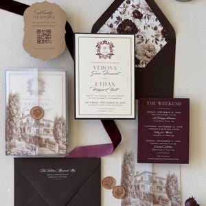 Verona burgundy wedding invitation with wine details card, ivory invitation and villa-inspired vellum wrap