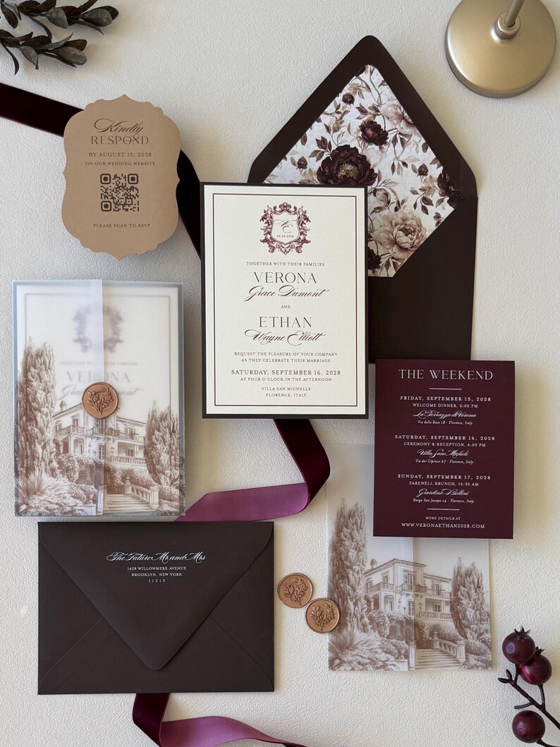 Verona burgundy wedding invitation with wine details card, ivory invitation and villa-inspired vellum wrap