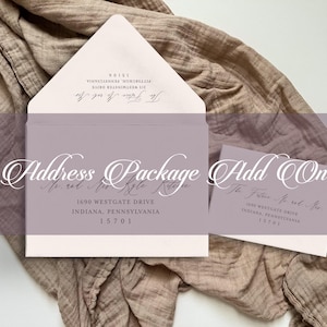 May include: An open envelope and a small card with calligraphy-style text, featuring the words "Address Package Add On." The envelope is light beige with a lavender interior, and the card is lavender. The background is a textured, neutral-toned fabric.