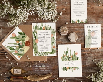 May include: A set of wedding invitations with a cactus and floral design. The invitations are printed on white cardstock and have a brown envelope. The text on the invitation reads "Together with their families Jenna O'Hare & Desmond James invite you to their wedding celebration Nov 12 Desert Foothills Scottsdale, Arizona Reception to follow".