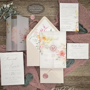 Vellum Jacket wedding invitations, Wildflower watercolor, Spring Summer Garden, Bohemian Modern Romantic Wedding Suite PRINTED