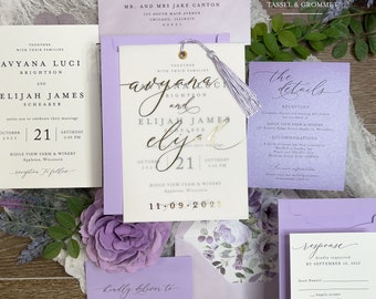 Foil Vellum Printed Avyana Suite, Tassel Purple Wedding Invitations Floral, Invitation Sleeve, Lavender Lilac Wedding, Gold Foil Overlay