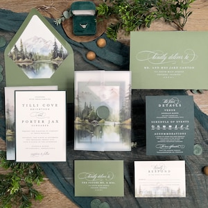 Colorado Mountain Forest Wedding Invitation Suite: Green Lake, Enchanting Woodlands, Vellum Jacket imagen 4