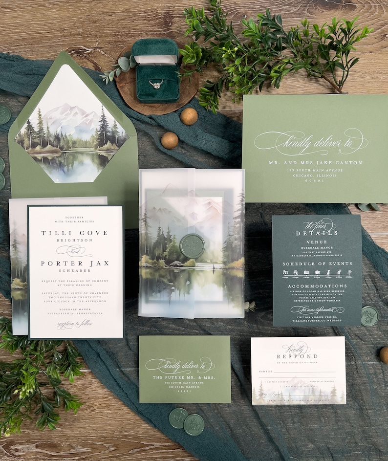 Colorado Mountain Forest Wedding Invitation Suite: Green Lake, Enchanting Woodlands, Vellum Jacket imagen 4