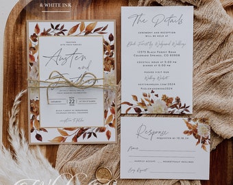 Boho Wedding Invitation - Fall Wedding - Autumn Wedding - Rustic Wedding - Fall Leaves Wedding - Printed Invite - Envelope Liner