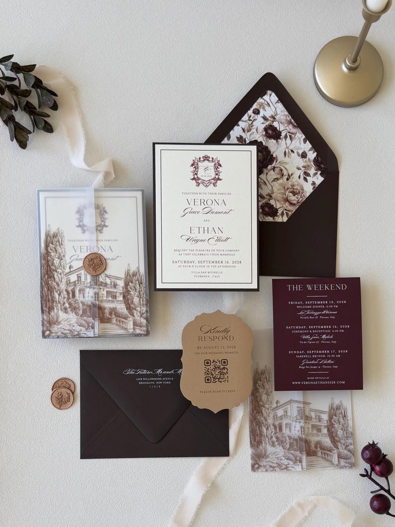 Burgundy Verona wedding invitation suite with European villa vellum wrap, ivory invitation and wine details card
