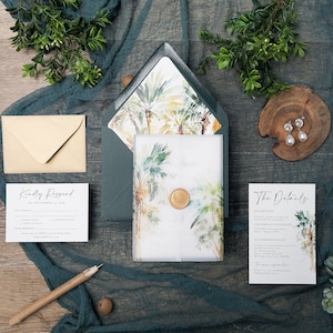 Vellum Jacket wedding invitations, Tropical Beach, Palm Tree Beach, Destination Wedding Reception, Tropics Wedding PRINTED