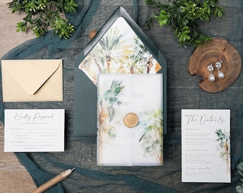 Tropical Palm Beach Wedding Invitations: Vellum Jacket, Greenery