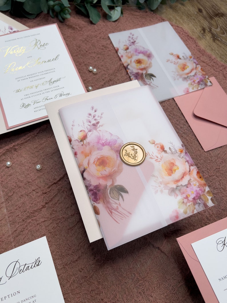 Vellum Jacket wedding invitation suite, Gold Foil wedding, Dusty Rose Mauve Modern, Whimsical Terracotta Romantic WildFlower, Verity PRINTED image 1