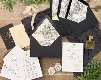 Gold Foil Wedding Invitation | Elegant Single Card with Envelope & Floral Foil Envelope Liner