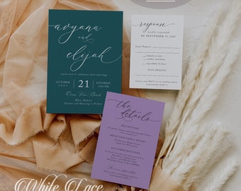 Avyana Suite printed wedding invitations, Trendy Jewel Tones, Dark Teal and Purple, Lavender and Blue, QR Code RSVP, Modern, Minimal wedding