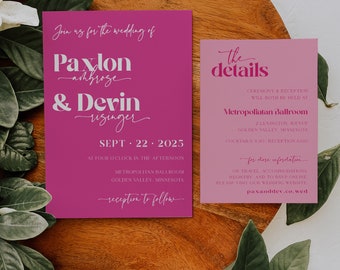 Hot Pink Wedding Invitation printed with white ink, Vibrant Wedding, Pink shades, bold font, Modern Retro wedding, 90's vibes, Bold Bright