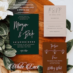 May include: A green and white wedding invitation with the text "Please join us to celebrate the marriage of Morgan & Bek" and the date "10 June 2022". The invitation also includes the time and location of the wedding ceremony and reception. A brown and white RSVP card with the text "RSVP by April 30th" and a brown and white timeline card with the text "Timeline" and the times of the ceremony, cocktails, and reception. A brown and white venue card with the text "Venue" and the name and address of the venue. A brown and white wedding website card with the text "Wedding Website" and the URL of the website.