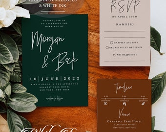 Emerald Wedding Invitation - Dark Green Wedding - Earth Tone Wedding - Rust Wedding - Minimalist Wedding - Printed Invitation - White Ink