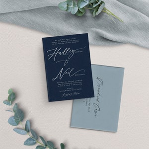 May include: A navy blue wedding invitation with white calligraphy announcing the marriage of Halley Laurier to Neil Whitlock on Saturday, March 11, 2024 at 4:00 PM. The invitation includes the location: Pack 31, Spring Branch, Texas 78070.