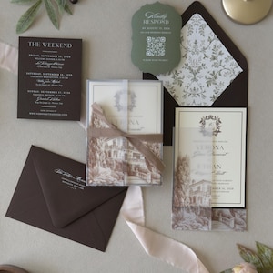 Verona Tuscany-inspired wedding invitation suite featuring olive green, warm cream and rich chocolate brown stationery.