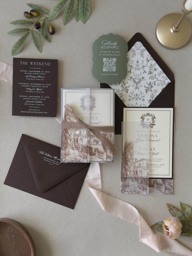 Verona Tuscany-inspired wedding invitation suite featuring olive green, warm cream and rich chocolate brown stationery.