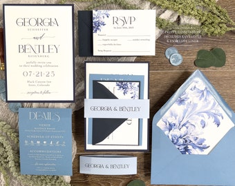 Modern Bold Dusty Blue Flourish wedding invitation suite, Blue and Navy damask Classic wedding, Timeless, Classic Blue Printed wedding