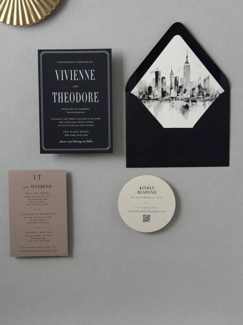 Black wedding invitation with taupe details card and ivory circular RSVP card featuring a QR code from the modern Vivienne stationery suite.