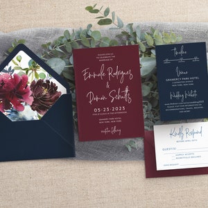 Navy Wedding Invitation Burgundy Wedding Modern Wedding Invites Moody Wedding Fall Wedding Printed Invitation Bild 1