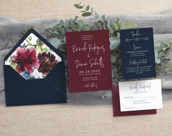 Navy Wedding Invitation - Burgundy Wedding - Modern Wedding Invites - Moody Wedding - Fall Wedding - Printed Invitation