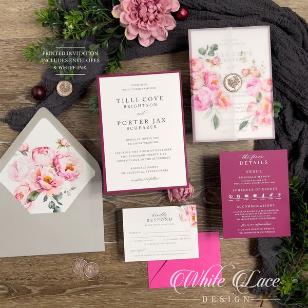 Printed Tilli Wedding Invitation suite, Bright, Bold, Magenta and Blush wedding, watercolor pink flowers, Spring, Summer, white ink