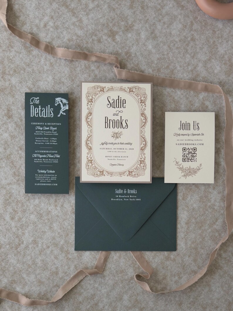 Elegant dark green and ivory wedding invitation suite featuring an ornate vintage border, green details card, QR code RSVP card and coordinating envelope.