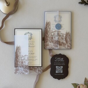 Dusty blue and ivory wedding invitation suite with brown envelope, vellum jacket and Blue wax seal