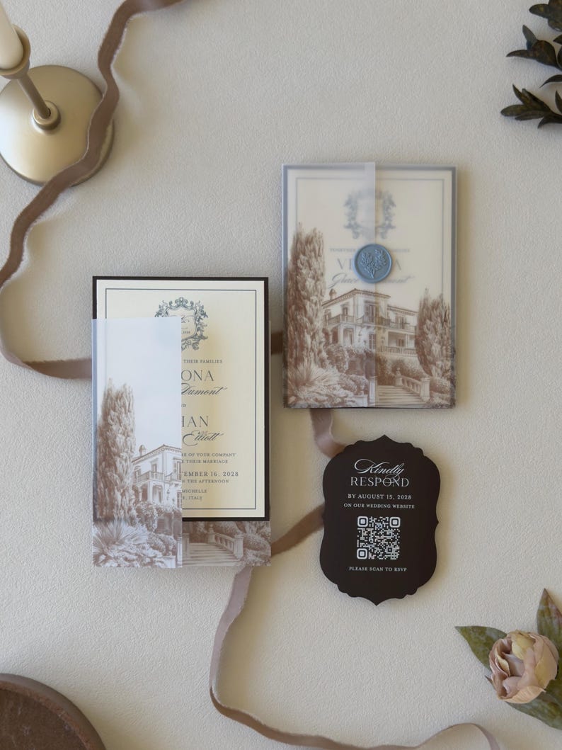 Dusty blue and ivory wedding invitation suite with brown envelope, vellum jacket and Blue wax seal