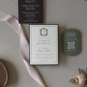 Close-up of layered Verona wedding invitation with cream cardstock, chocolate brown backing mat and coordinating olive green stationery.