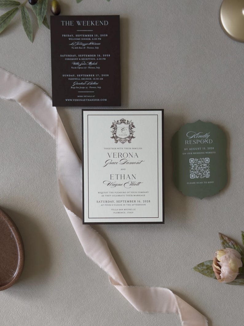 Close-up of layered Verona wedding invitation with cream cardstock, chocolate brown backing mat and coordinating olive green stationery.