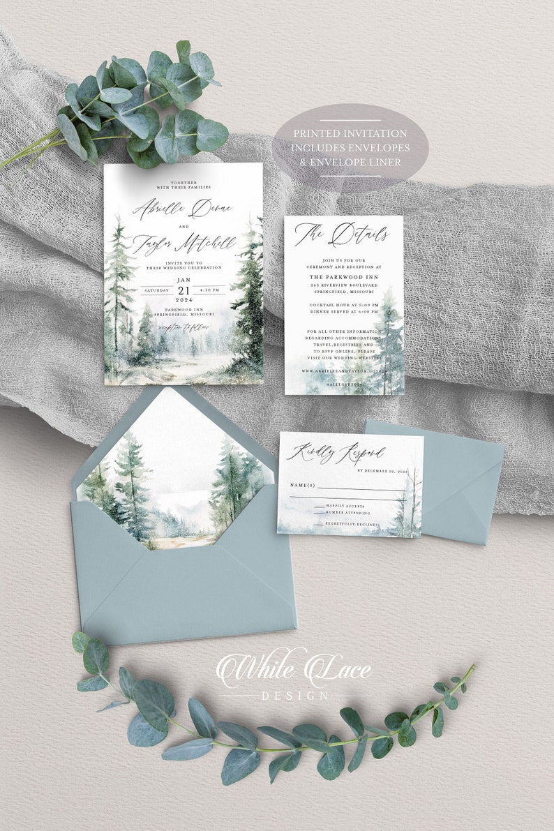 May include: A wedding invitation suite featuring a watercolour forest scene. The invitation includes the couple's names, wedding date, and location. The details card provides information about the ceremony and reception. The RSVP card has a space for guests to provide their names and RSVP by 30 December 2024.