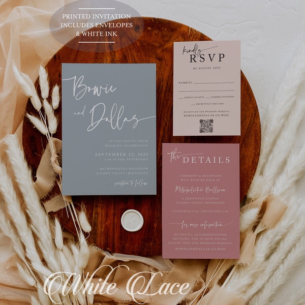 Bowie Printed Wedding Invitation Suite, in Dusty Blue and Mauve, Romantic Trendy, Whimsical Boho Rustic, blue and blush, white ink printed