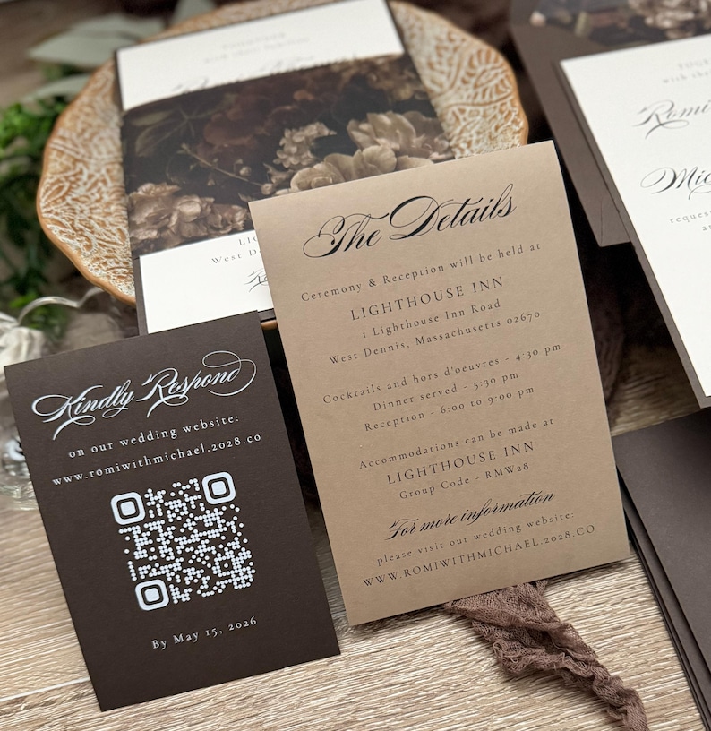 May include: A set of wedding stationery including a dark brown RSVP card with a white QR code and the text Kindly Respond, and a tan details card with black text reading The Details, Lighthouse Inn, and event times for a wedding ceremony.
