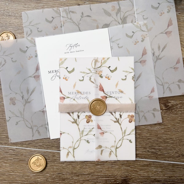 VELLUM Wedding Invitation Jacket, Modern Translucent Card Wrap, 5x7 Vellum Sleeve, Add-on soft wildflower pattern, Printed Folded