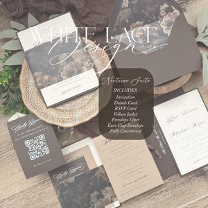 May include: A wedding stationery set featuring an invitation, RSVP card with a QR code, and details card. The pieces are printed on cream and dark brown cardstock, with a vellum jacket and an envelope featuring a dark floral interior liner.