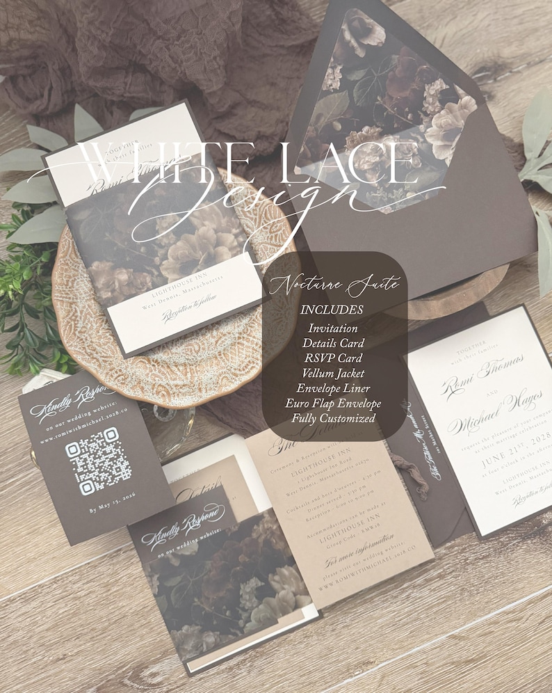 May include: A wedding stationery set featuring an invitation, RSVP card with a QR code, and details card. The pieces are printed on cream and dark brown cardstock, with a vellum jacket and an envelope featuring a dark floral interior liner.