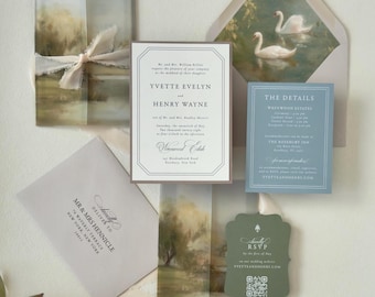 May include: A wedding stationery suite featuring a main invitation, a details card, an RSVP card with a QR code, and envelopes. The set includes vellum wraps with landscape imagery, a swan-themed envelope liner, and elegant serif typography.
