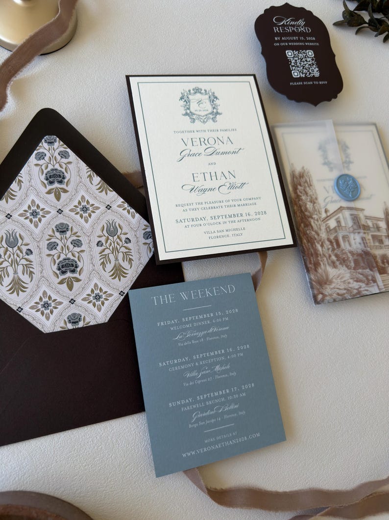Verona wedding invitation with dusty blue details card, brown envelope and European villa vellum wrap