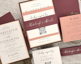NEW Layered Invitation Suite, Brayleigh Designs, Burgundy Wine and Rose Gold Wedding