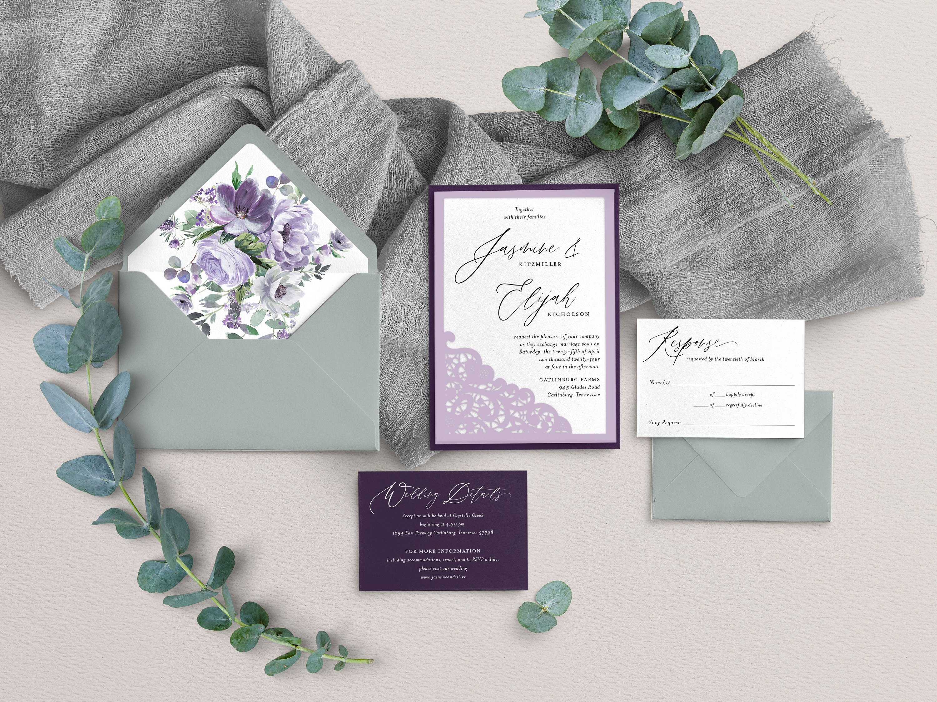 Lavender Wedding Invitation Purple and Sage Wedding Etsy