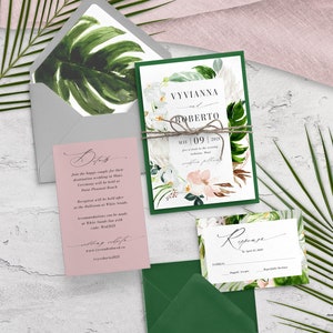 Beach Wedding Invitation - Tropical Wedding - Greenery Wedding - Palm Leaf Wedding - Destination Wedding - Green and Blush Wedding