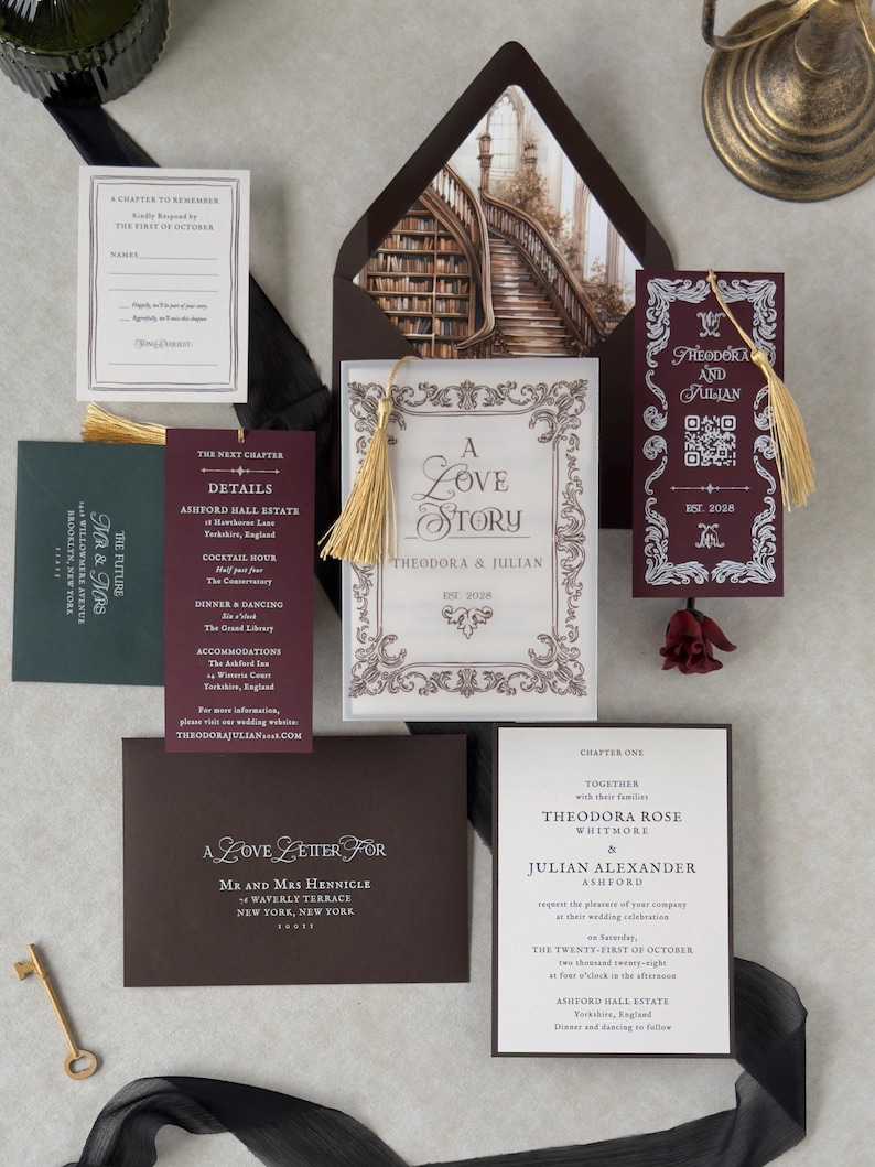 Theodora dark academia wedding invitation suite featuring an ivory invitation with ornate vintage borders, burgundy details card, dark brown envelope, library staircase envelope liner, and burgundy bookmark with gold tassel, arranged in a romantic literary-inspired flat lay.