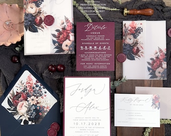 Burgundy and navy printed wedding invitation suite, Wine and dark blue flower vellum jacket, Bold and Romantic, Modern and minimalistic